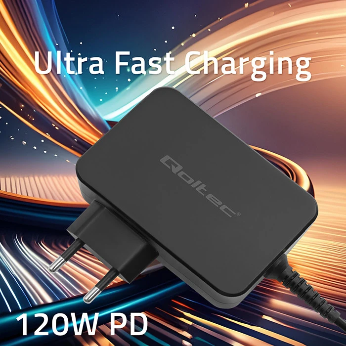Qoltec 120W Turbo PD | 5-28V | 3-4.5A | USB-C | Nešiojamas kompiuteris | Išmanusis telefonas | Juoda
