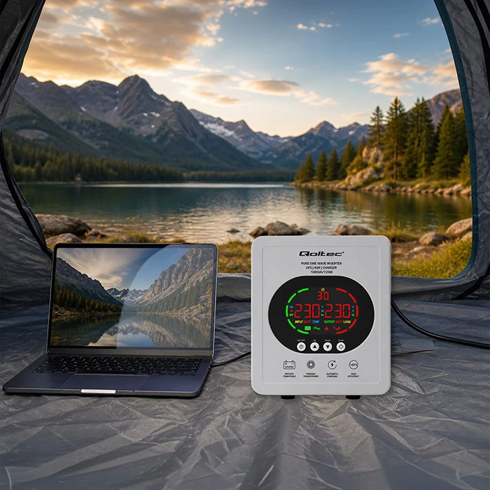 Qoltec 50451 Gryno sinusoidinio signalo UPS | 1000 VA / 720 W | 12/230 V inverteris su AVR | LCD | LiFePO4 AGM GEL