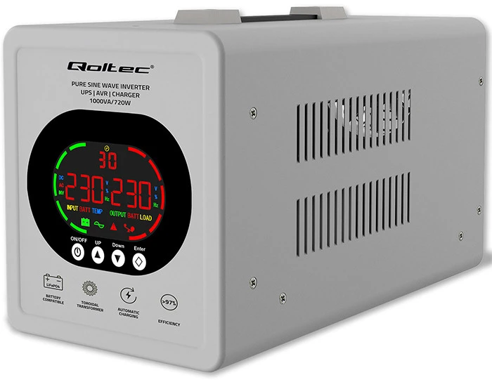 Qoltec 50451 Gryno sinusoidinio signalo UPS | 1000 VA / 720 W | 12/230 V inverteris su AVR | LCD | LiFePO4 AGM GEL