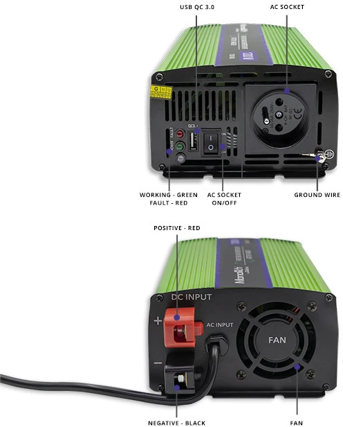 QOLTEC 51941 grynos sinusinės bangos keitiklis, monolitinis / akumuliatoriaus įkroviklis / UPS / 1200 W / 600 W / 12 V–230 V