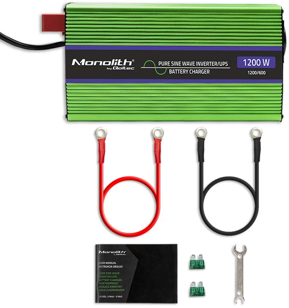 QOLTEC 51941 grynos sinusinės bangos keitiklis, monolitinis / akumuliatoriaus įkroviklis / UPS / 1200 W / 600 W / 12 V–230 V