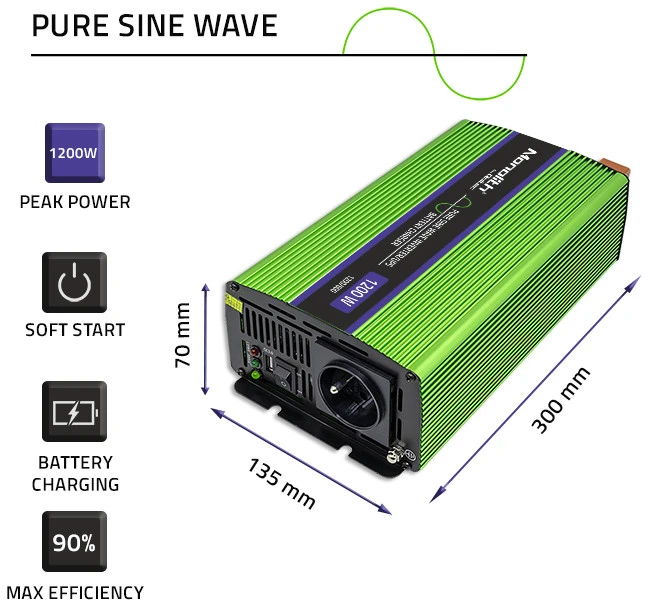 QOLTEC 51941 grynos sinusinės bangos keitiklis, monolitinis / akumuliatoriaus įkroviklis / UPS / 1200 W / 600 W / 12 V–230 V