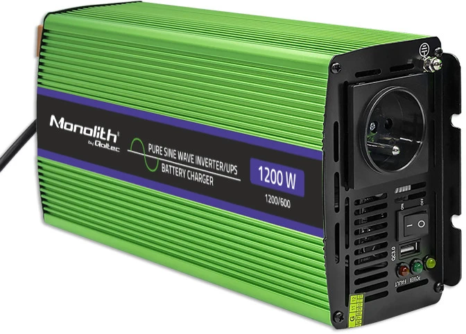 QOLTEC 51941 grynos sinusinės bangos keitiklis, monolitinis / akumuliatoriaus įkroviklis / UPS / 1200 W / 600 W / 12 V–230 V