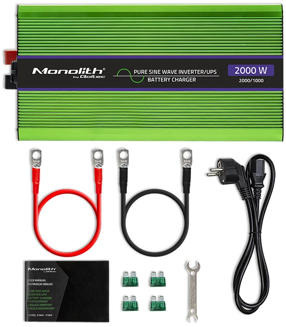 QOLTEC 51942 grynos sinusinės bangos keitiklis, monolitas / akumuliatoriaus įkroviklis / UPS / 1000 W / 2000 W / 12 V iki 230 V / LCD