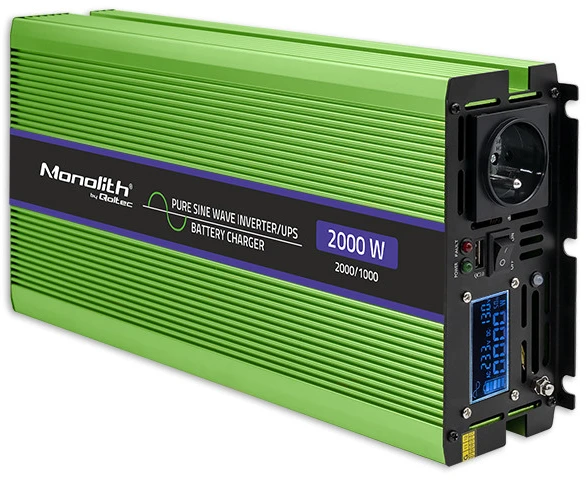 QOLTEC 51942 grynos sinusinės bangos keitiklis, monolitas / akumuliatoriaus įkroviklis / UPS / 1000 W / 2000 W / 12 V iki 230 V / LCD