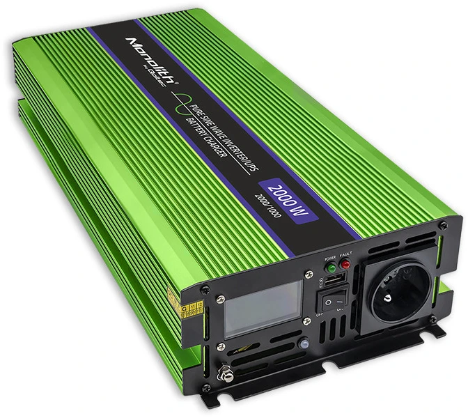 QOLTEC 51942 grynos sinusinės bangos keitiklis, monolitas / akumuliatoriaus įkroviklis / UPS / 1000 W / 2000 W / 12 V iki 230 V / LCD