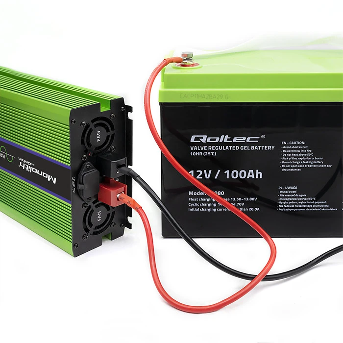 QOLTEC 51942 grynos sinusinės bangos keitiklis, monolitas / akumuliatoriaus įkroviklis / UPS / 1000 W / 2000 W / 12 V iki 230 V / LCD