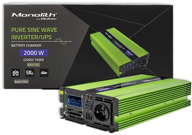 QOLTEC 51942 grynos sinusinės bangos keitiklis, monolitas / akumuliatoriaus įkroviklis / UPS / 1000 W / 2000 W / 12 V iki 230 V / LCD