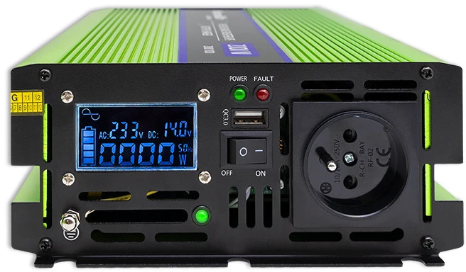 QOLTEC 51942 grynos sinusinės bangos keitiklis, monolitas / akumuliatoriaus įkroviklis / UPS / 1000 W / 2000 W / 12 V iki 230 V / LCD