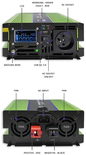 QOLTEC 51942 grynos sinusinės bangos keitiklis, monolitas / akumuliatoriaus įkroviklis / UPS / 1000 W / 2000 W / 12 V iki 230 V / LCD