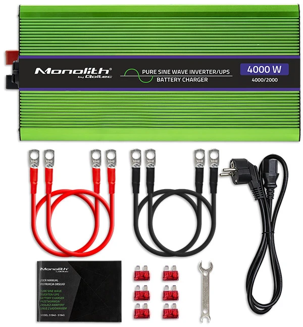 QOLTEC 51943 grynos sinusinės bangos keitiklis, monolitas / akumuliatoriaus įkroviklis / UPS / 4000 W / 2000 W / 12 V iki 230 V / LCD