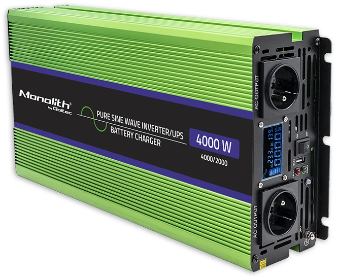 QOLTEC 51943 grynos sinusinės bangos keitiklis, monolitas / akumuliatoriaus įkroviklis / UPS / 4000 W / 2000 W / 12 V iki 230 V / LCD