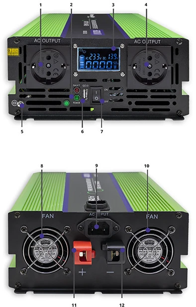 QOLTEC 51943 grynos sinusinės bangos keitiklis, monolitas / akumuliatoriaus įkroviklis / UPS / 4000 W / 2000 W / 12 V iki 230 V / LCD