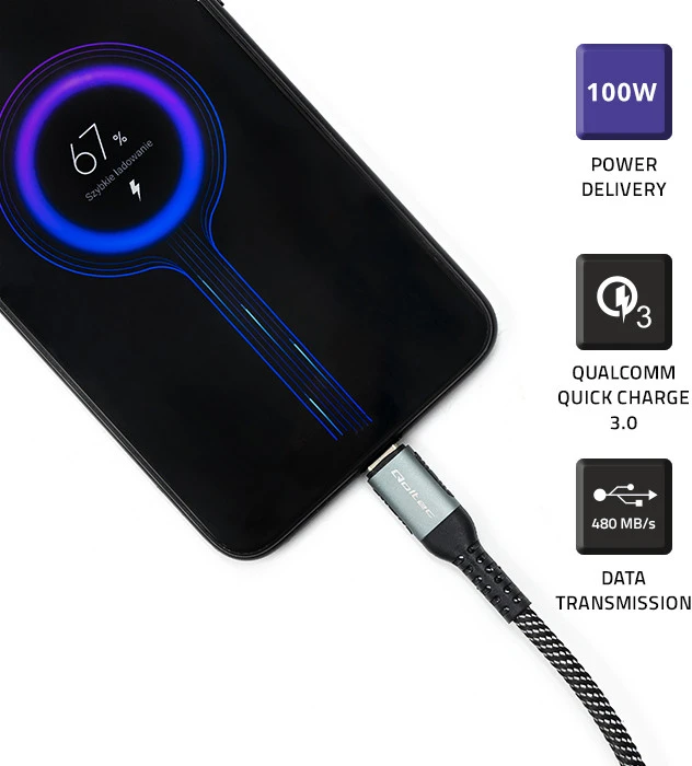 QOLTEC 52358 USB 2.0 Type C Kabelis USB 2.0 Type C 100W QC 3.0 PD 1.5m Juodas