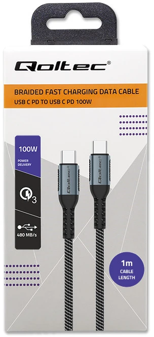 QOLTEC 52357 USB 2.0 type C Cable USB 2.0 type C 100W QC 3.0 PD 1m Juodas