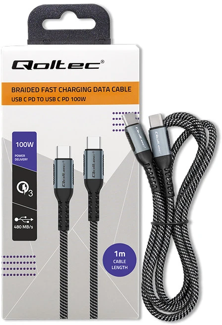 QOLTEC 52357 USB 2.0 type C Cable USB 2.0 type C 100W QC 3.0 PD 1m Juodas