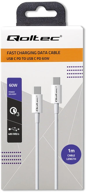 QOLTEC 52359 USB 2.0 tipo C kabelis USB 2.0 tipas C 60W QC 3.0 PD 1m Baltas