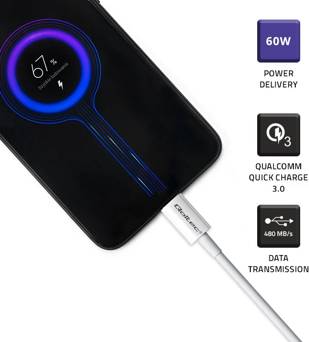 QOLTEC 52359 USB 2.0 tipo C kabelis USB 2.0 tipas C 60W QC 3.0 PD 1m Baltas