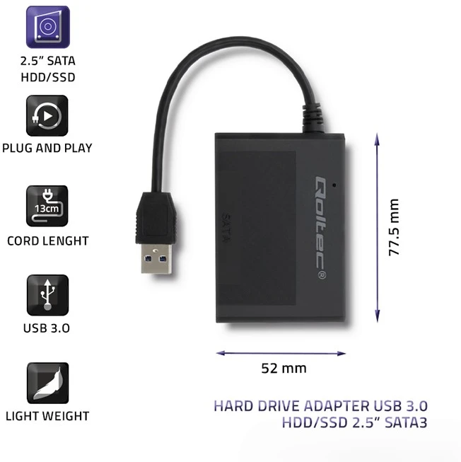 QOLTEC kietojo disko adapteris USB 3.0 HDD/SSD 2.5" SATA3
