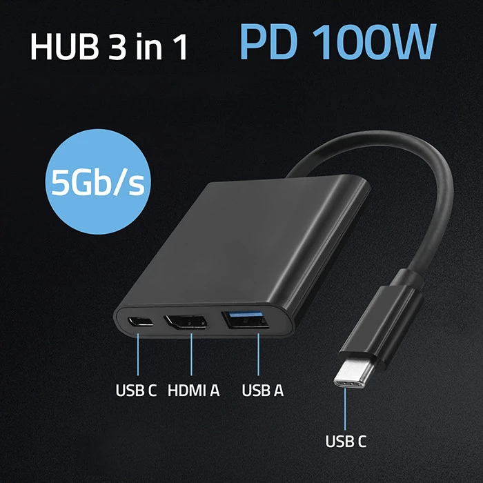 QOLTEC 50430 Qoltec Adapteris USB 3.1 typC Male / HDMI AF + USB AF + USB 3.1 typC juodas