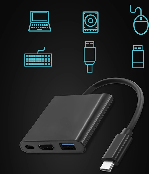 QOLTEC 50430 Qoltec Adapteris USB 3.1 typC Male / HDMI AF + USB AF + USB 3.1 typC juodas