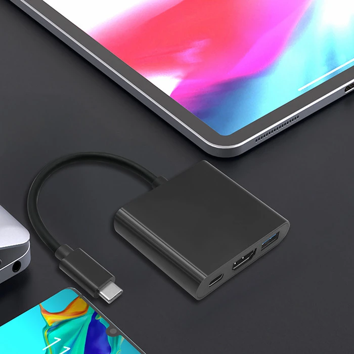 QOLTEC 50430 Qoltec Adapteris USB 3.1 typC Male / HDMI AF + USB AF + USB 3.1 typC juodas