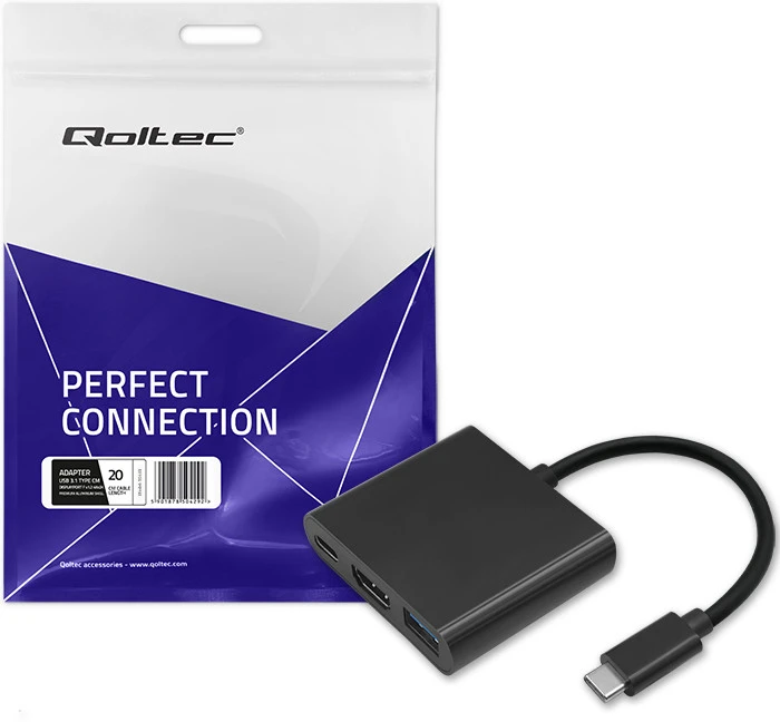 QOLTEC 50430 Qoltec Adapteris USB 3.1 typC Male / HDMI AF + USB AF + USB 3.1 typC juodas