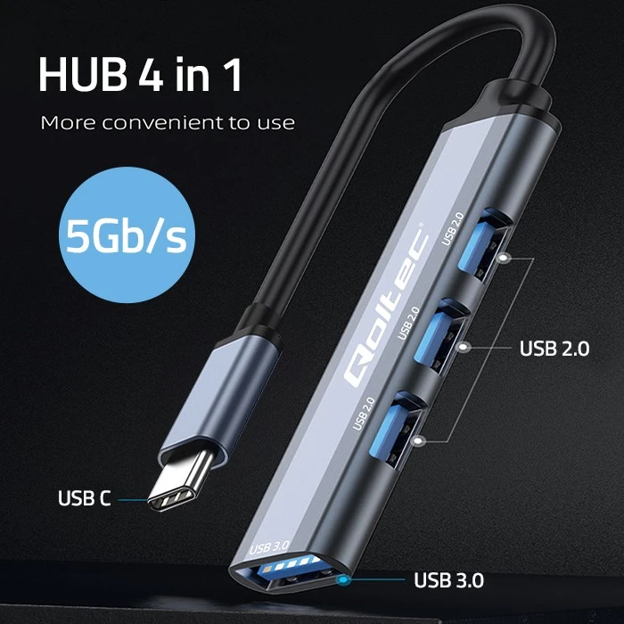 Centratorius adapteris usb-c 3.1 4in1 usb 3.0 3x 2.0 Qoltec