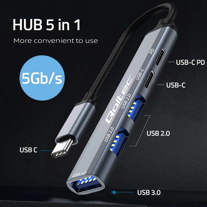 Qoltec 53790 Hub Adapteris USB-C 3.1 5in1 | USB-C PD| USB-C | 2x USB 2.0 | USB 3.0