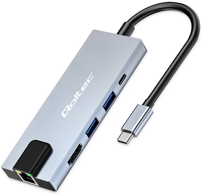 „Qoltec“ šakotuvo adapteris USB-C 5w1 | USB-C PD 100W | 2x USB | HDMI 4K | RJ45