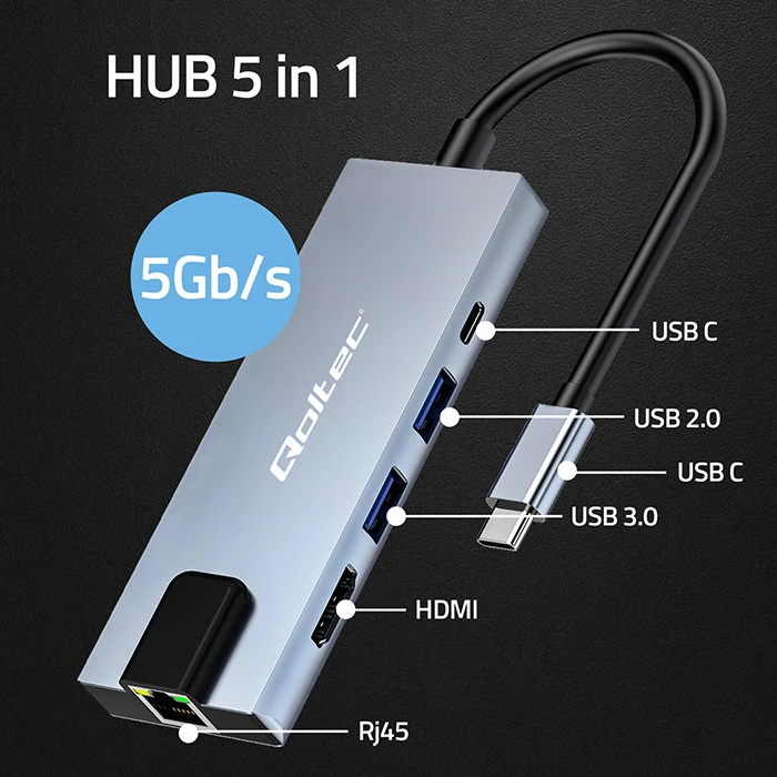 „Qoltec“ šakotuvo adapteris USB-C 5w1 | USB-C PD 100W | 2x USB | HDMI 4K | RJ45