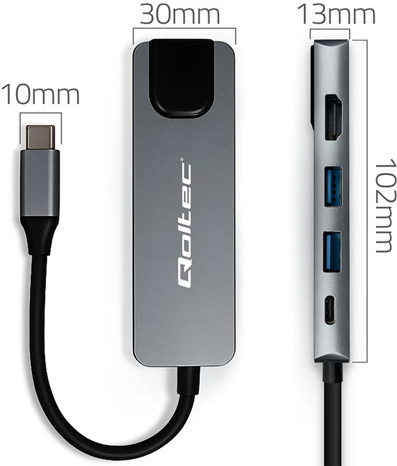 „Qoltec“ šakotuvo adapteris USB-C 5w1 | USB-C PD 100W | 2x USB | HDMI 4K | RJ45