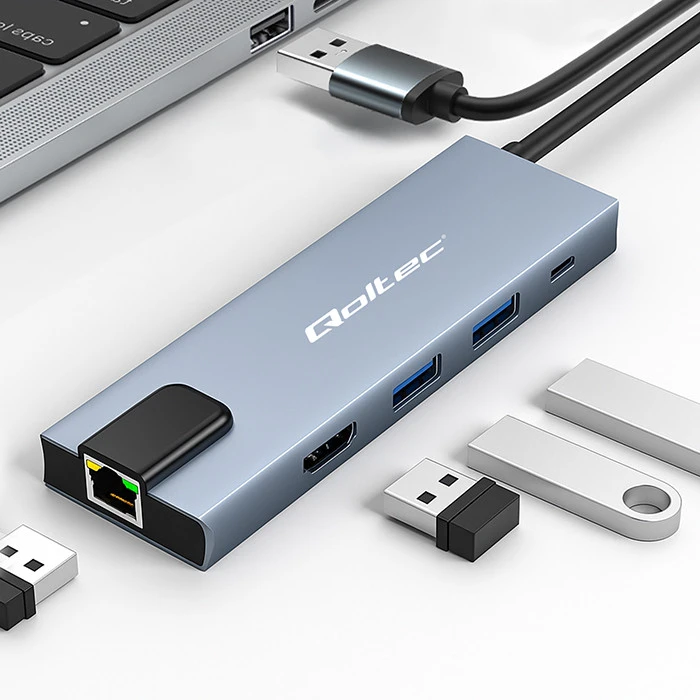 „Qoltec“ šakotuvo adapteris USB-C 5w1 | USB-C PD 100W | 2x USB | HDMI 4K | RJ45