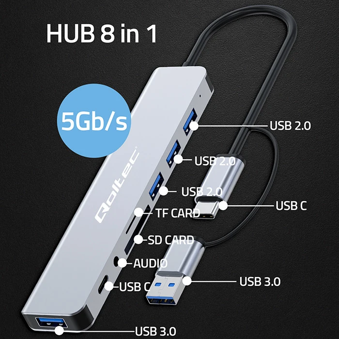 „Qoltec“ šakotuvas 8in1 USB C USB, USB C 4xUSB SD TF kortelių lizdas
