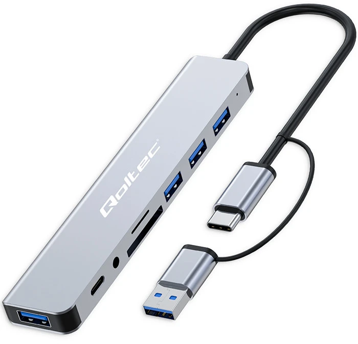 „Qoltec“ šakotuvas 8in1 USB C USB, USB C 4xUSB SD TF kortelių lizdas