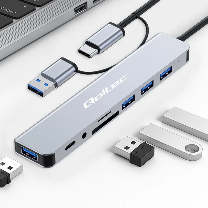 „Qoltec“ šakotuvas 8in1 USB C USB, USB C 4xUSB SD TF kortelių lizdas