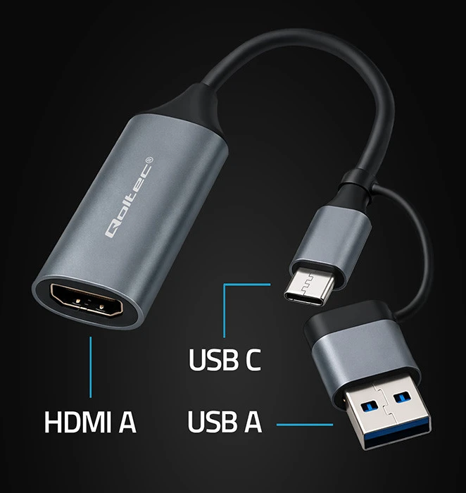 Qoltec vaizdo įrašymo plokštė USB-C USB-A HDMI 4K 30Hz aliuminis