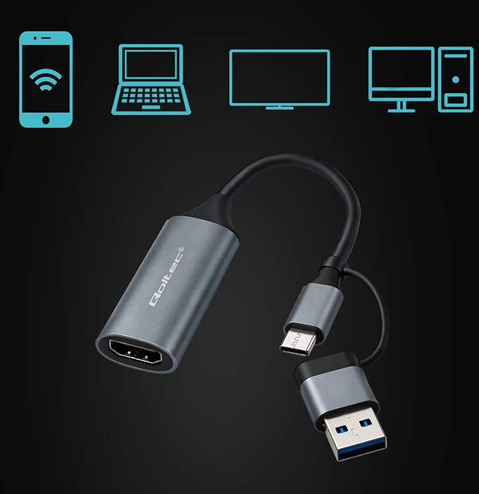 Qoltec vaizdo įrašymo plokštė USB-C USB-A HDMI 4K 30Hz aliuminis