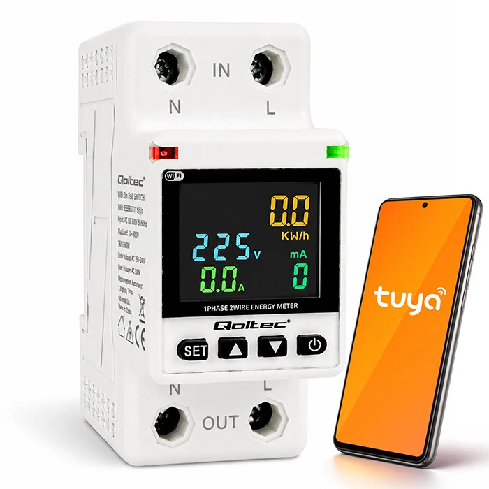 „Qoltec“ vienfazis elektroninis vatmetras | Energijos suvartojimo matuoklis | DIN35 | Nuotolinio valdymo pultas | Matavimų istorija | „Wi-Fi“ | TUYA | Išmanusis gyvenimas
