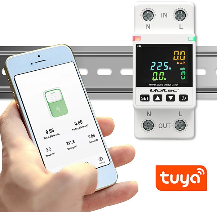 „Qoltec“ vienfazis elektroninis vatmetras | Energijos suvartojimo matuoklis | DIN35 | Nuotolinio valdymo pultas | Matavimų istorija | „Wi-Fi“ | TUYA | Išmanusis gyvenimas
