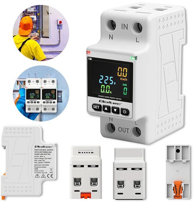 „Qoltec“ vienfazis elektroninis vatmetras | Energijos suvartojimo matuoklis | DIN35 | Nuotolinio valdymo pultas | Matavimų istorija | „Wi-Fi“ | TUYA | Išmanusis gyvenimas