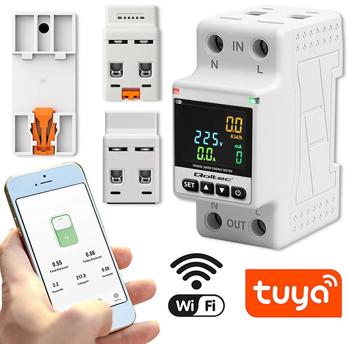 „Qoltec“ vienfazis elektroninis vatmetras | Energijos suvartojimo matuoklis | DIN35 | Nuotolinio valdymo pultas | Matavimų istorija | „Wi-Fi“ | TUYA | Išmanusis gyvenimas