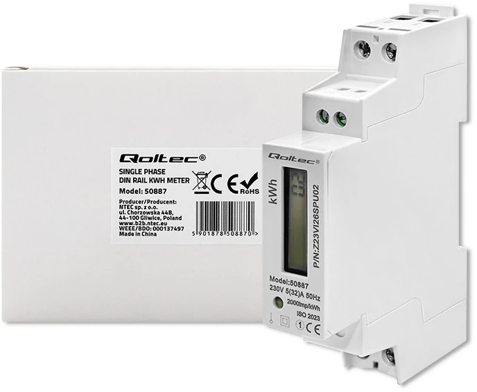 Vienfazis elektroninis skaitiklis suvartojimas energija ant bėgio din 230v lcd 1p plonas Qoltec