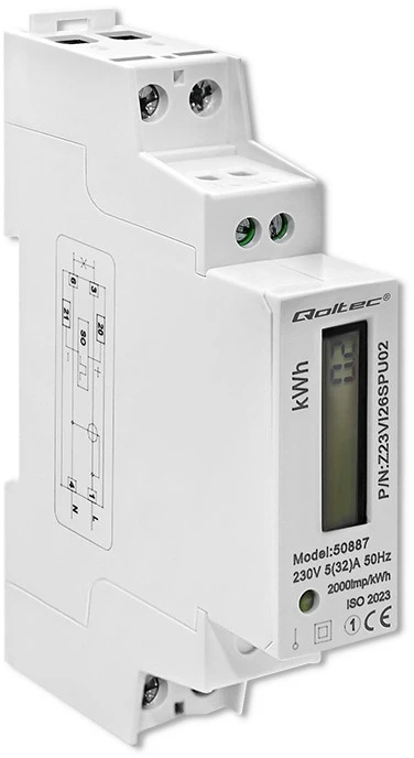 Vienfazis elektroninis skaitiklis suvartojimas energija ant bėgio din 230v lcd 1p plonas Qoltec