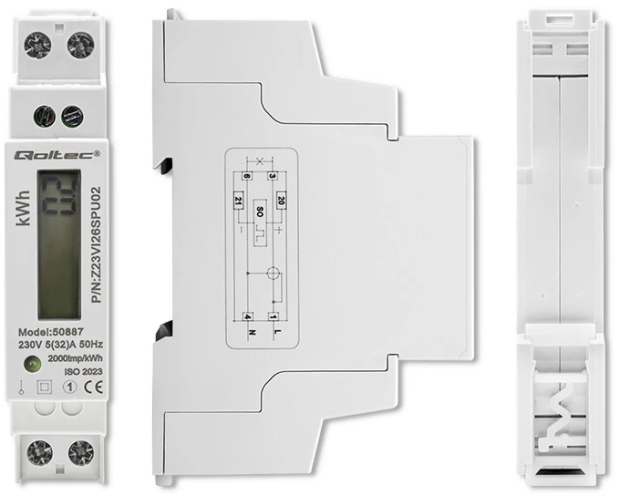 Vienfazis elektroninis skaitiklis suvartojimas energija ant bėgio din 230v lcd 1p plonas Qoltec