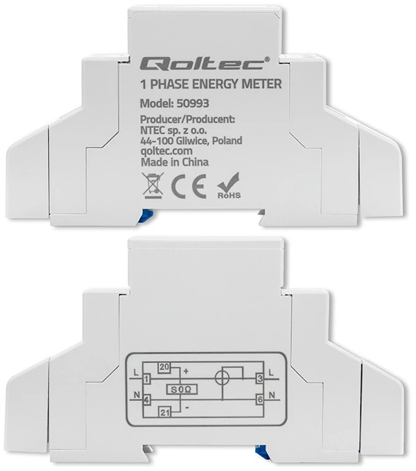 „Qoltec“ 1 fazės elektroninis skaitiklis | Energijos skaitiklis ant DIN bėgelio | 230 V | 30 A | LCD | 1P