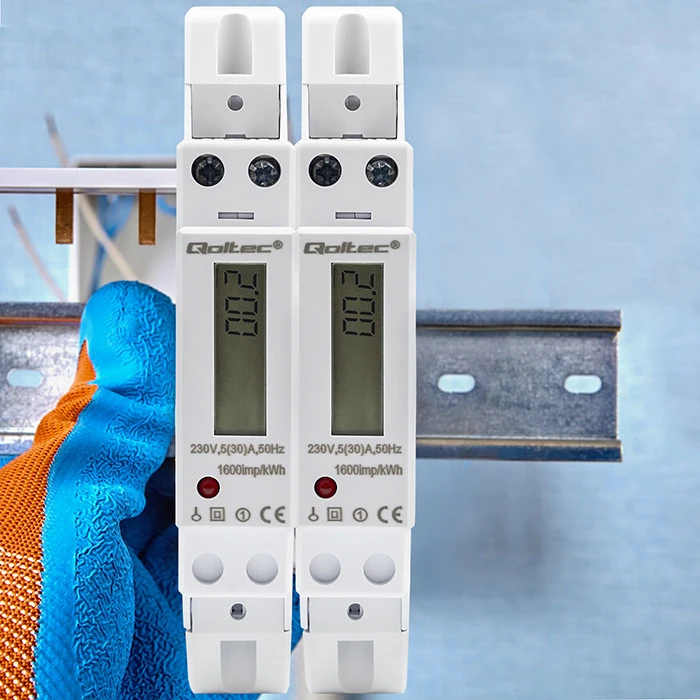 „Qoltec“ 1 fazės elektroninis skaitiklis | Energijos skaitiklis ant DIN bėgelio | 230 V | 30 A | LCD | 1P