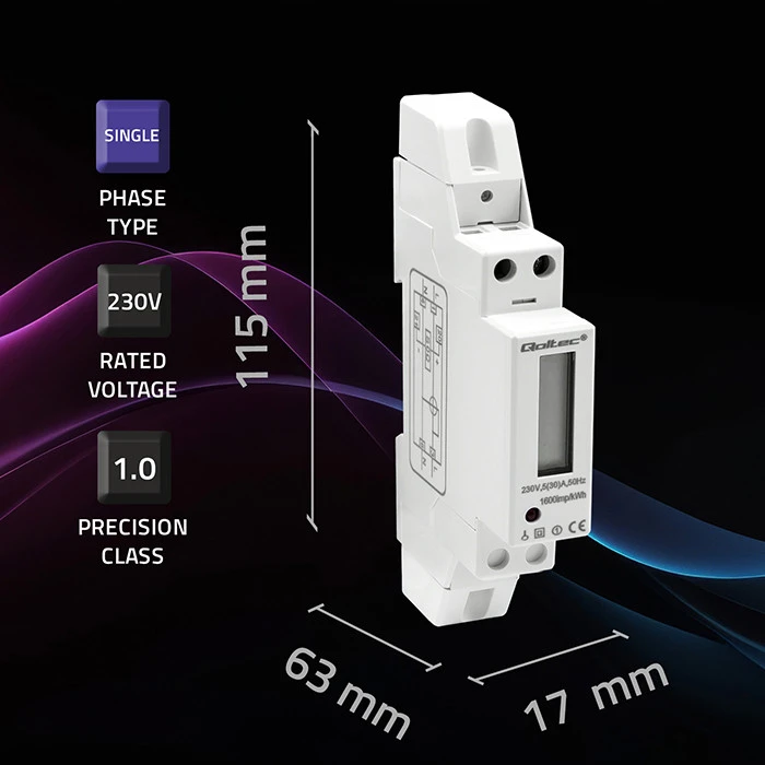 „Qoltec“ 1 fazės elektroninis skaitiklis | Energijos skaitiklis ant DIN bėgelio | 230 V | 30 A | LCD | 1P
