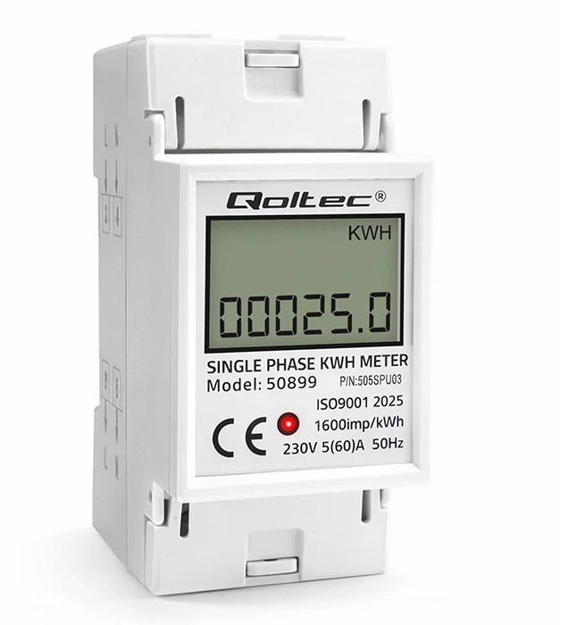 QOLTEC 50899 vienfazis elektroninis energijos suvartojimo matuoklis 230V LCD 2P DIN bėgis