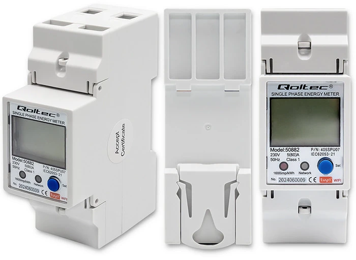 „Qoltec“ 1 fazės elektroninis skaitiklis | Energijos skaitiklis ant DIN bėgelio | „Wi-Fi“ | TUYA | 230 V | LCD